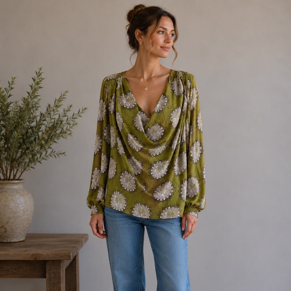 Free People Green Floral Drape Neck Long Sleeve Top size Small